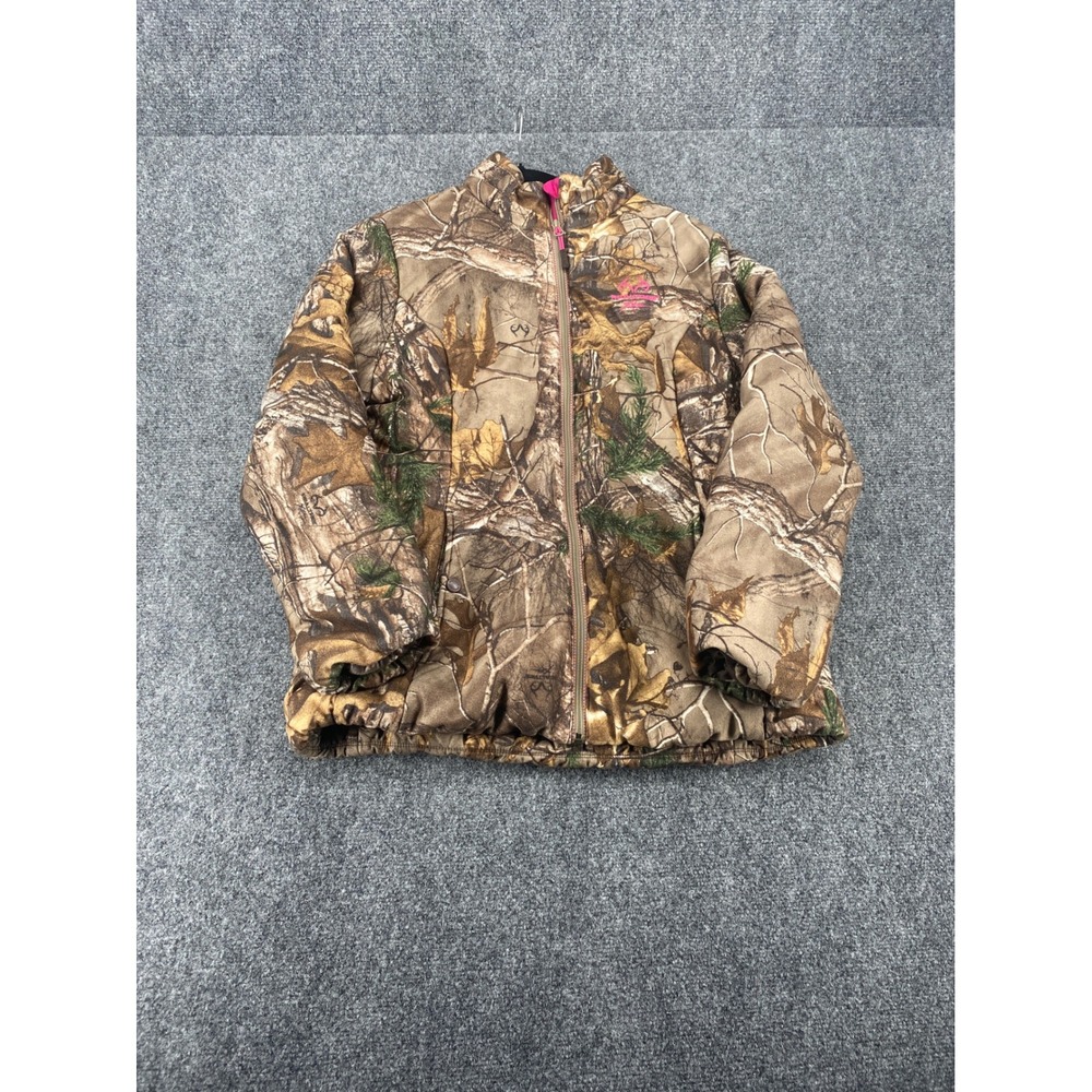 Realtree Camo Puffer Jacket Women Large Brown Pink Fleece Lined Hunting Outdoor